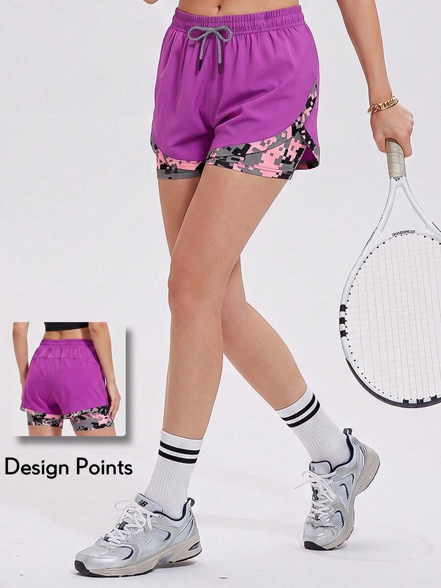 KyrLssu Quần short nữ 2 trong 1 họa tiết rằn ri, eo dây rút - Màu tím - Xem 1
