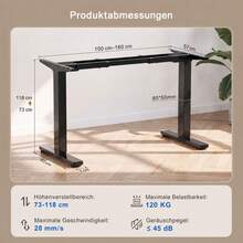 Devoko Electric Height-Adjustable Desk Frame, Dual-Motor Desk Frame, 72-120 Cm Height, 100 Kg Load Capacity, 25 Mm/S Lifting Speed, Compatible With Table Tops 110-200 Cm - 查看 4