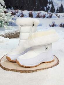 女款雪花運動通勤龐克學院風人造毛內裡扣飾雪地靴，戶外秋冬毛絨飾邊抽繩頂部側拉鍊厚底防滑中筒靴，適合滑雪與日常戶外穿著 - 白色 - 查看 7