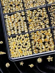 12格/盒 混色金屬金色貝殼海星海龜 3D 金色海洋系列合金美甲飾品 附粉色鑷子 美甲金色鉚釘套組 - 金色 - 查看 4