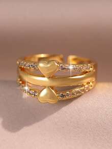 jealous young 2pcs/1pc Luxury Multi-Layer Women Ring Set, Fashion Heart & Moon Star Pearl Inlaid Cubic Zirconia Jewelry For Daily Wear, Date, Travel, Wedding, Party - Gold - View 13