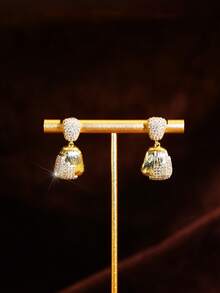 SEQUITO 1 Pair High Quality Ladies Ear Decoration Gold Plated Brilliant AAA CZ Zirconia Bell Shape Pendant Drop Earrings For Banquet - 2.7cm - View 10