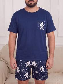 Men's Short Sleeve & Shorts Pajama Set, Cartoon Big Foot & Starry Sky Print Pocket Loose Fit Loungewear 2 Pieces Set - Royal Blue - View 5