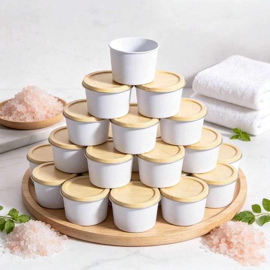 7 piezas de frascos de vela vacíos blancos con tapas de grano de madera, latas de vela de metal portátiles, adecuadas para hacer velas de aromaterapia DIY, recipientes de almacenamiento multiusos, dulces y otros regalos hechos a mano, portavelas de decoración del hogar - 7Pcs - Ver 1