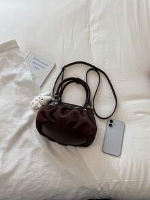 1pc Women's Solid Color Bucket Bag, Fashion Bowknot Decor Shoulder Crossbody Bag With Cartoon Pendant, Suitable For Commuting, Shopping, Gift Giving - Coffee Brown - View 6