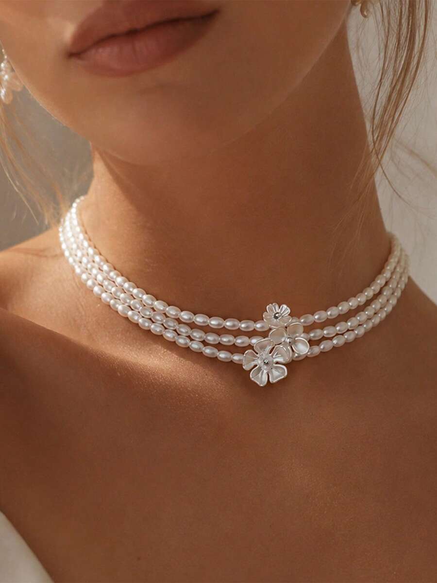 Fashionable, Elegant And Simple Multi-Layered Flower-Shaped Faux Pearl Necklace For Women, Suitable For Daily Wear. - White - View 1