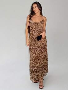 Backless Leopard Print Fitted Long Dress Party Summer Elegant Brown - Brown - View 1