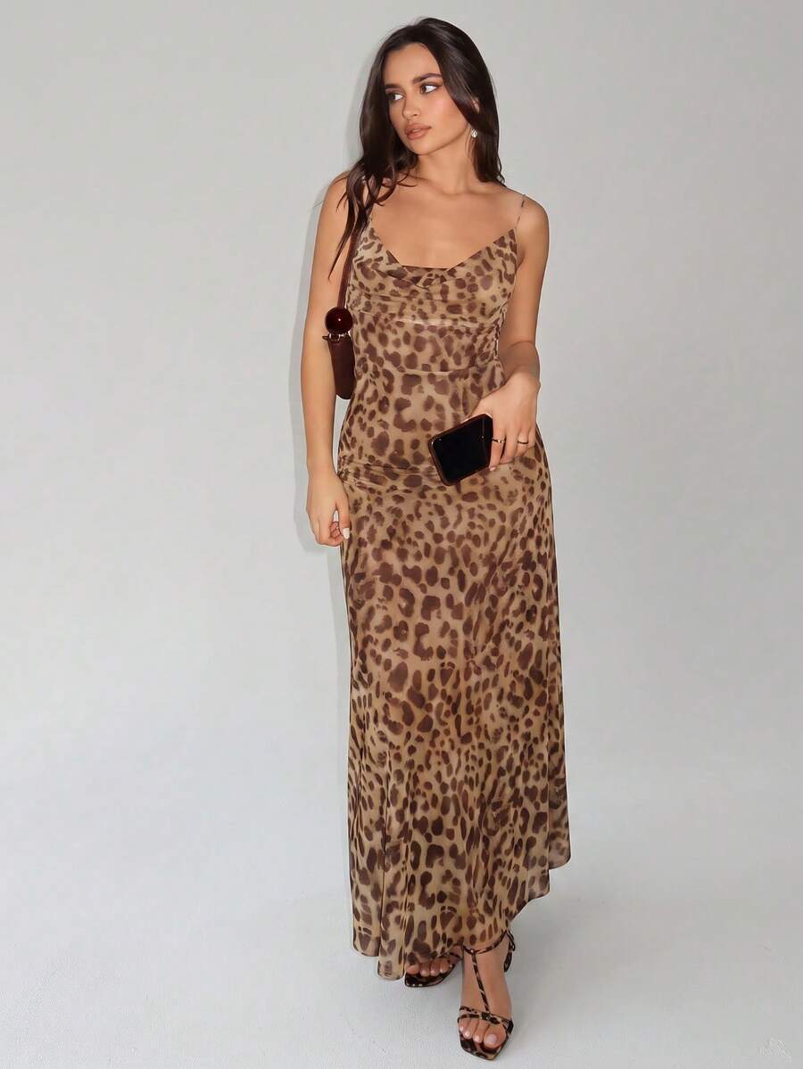 Backless Leopard Print Fitted Long Dress Party Summer Elegant Brown - Brown - View 1