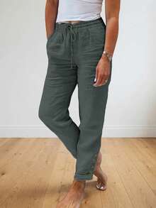 Plus Size Women's Solid Color Minimalist Button-Up Long Pants, Everyday Wear - Dark Grey - View 4