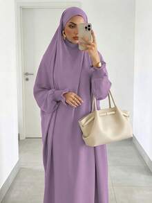 Solid Color Loose One-Piece Hijab Long Robe, Elastic Ribbed Cuffs Wide Sleeve Elegant Jilbab Robe, Muslim Women Daily Prayer Casual Outfit - Multicolor - View 2