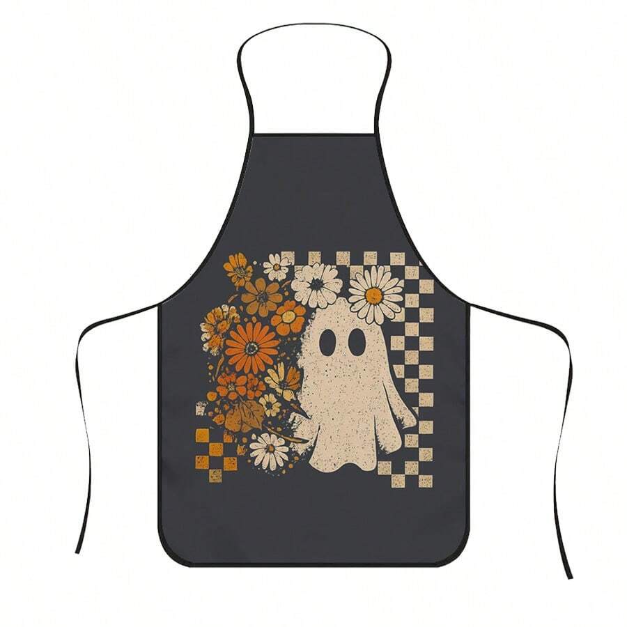 1pc Halloween Daisy Ghost Print Apron, Featuring Checkerboard Daisy Ghost Pattern, Durable Cooking Apron Suitable For Bakers, Cake Decorators, BBQ Enthusiasts, Gardeners, Painters, Nail Artists - Perfect Gift For Home And Professional Chefs - Multicolor - View 1