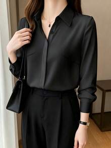 Plus Size Button-Up Long Sleeve Elegant Commuter Professional Shirt - Black - View 3
