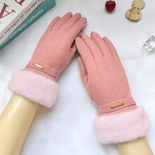 1 Pair Solid Color Winter Gloves, Classic Style, Cashmere Fabric, Thick Fleece Lining, Soft Cuff, Touchscreen Compatible, Warm And Cold-Resistant - Style 1 - View 5