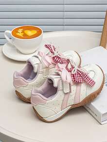 1 Pair Girls' Gentle Style Casual Shoes, Delicate Plaid Bow, Suitable For School Activities And Family Outings - Pink - View 6