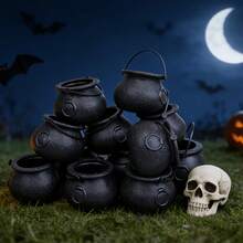 12pcs Mini Black Witch Buckets, Suitable For Halloween And Autumn Parties, Nautical Theme Wizard Potion Jars, Plastic Ghost Desktop Decor, With Portable Candy Storage Buckets, For Trick Or Treat, Wizard Potion, Party Layout Props, Halloween Decoration Ornaments - Multicolor - View 5