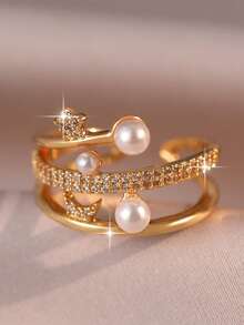 jealous young 2pcs/1pc Luxury Multi-Layer Women Ring Set, Fashion Heart & Moon Star Pearl Inlaid Cubic Zirconia Jewelry For Daily Wear, Date, Travel, Wedding, Party - Gold - View 12