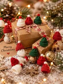 9/6/1pc-Red Green White Knitted Christmas Hats,Small Santa Hat DIY Xmas Decor,Christmas Decorations,Christmas Party Supplies,Room Decor,Home Decor,Christmas Gift Box Wrapping Topper,Xmas Tree Hanging,Holiday Table Centerpiece,Gnome Doll Accessories - Multicolor - View 6