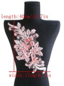 XDH2490 3D刺繡貼花配珠飾，網紗蕾絲布料配件，適用婚紗、DIY表演服裝刺繡補丁，長39CM/寬16CM - 粉色 - 查看 3