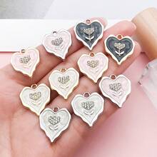 5/10pcs Heart Metal Charms, Wavy Irregular Heart Pendant With Crystal Rose, Two-Tone For Jewelry Keychain Bag Ornament DIY Craft Accessories - Multicolor - View 10