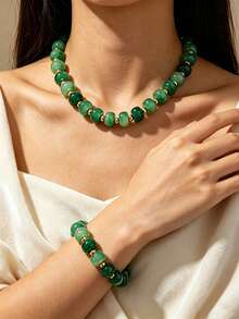 1 Set Collier et Bracelet de Style Vacances en Perles Rondes Plates Fausse Jade Verte & Ensemble de Bijoux Géométriques en Acrylique de Couleurs Mixtes pour Femmes - Ensemble de perles - Voir 1