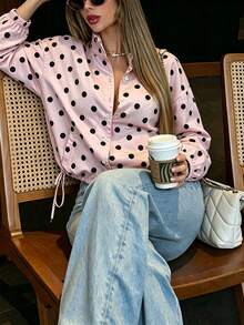 Autumn/Winter New Pink Foundation Black Polka Dot Stand Collar Drawstring Hem Single-Breasted Jacket, Elegant Casual Vacation Commuter Style - Pink - View 3