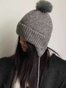1pc Women's Knitted Pom Pom Beanie Hat, Fashion Warm Earflap Flight Hat, Korean Style Face-Slimming Cold Weather Cap, Ski Ushanka Hat, Autumn/Winter - Multicolor - View 3