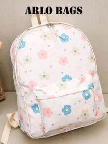 Minimalistischer weißer Rucksack mit Blumenmuster, tragbare Schultasche mit vorderer Reißverschlusstasche, Mehrfach-Abteilungs-Freizeitrucksack, geeignet für Einkaufen, Schule, Reisen - Verschiedenfarbig - Übersicht 3