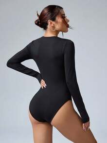 1pc All-Season Long Sleeve Sports Jumpsuit, Square Neck Design, Slimming Ruched Chest, Fashionable Comfortable Versatile Black - Black - View 3