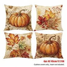 4pcs Autumn Vintage Letter Maple Leaf Pumpkin Pillow Covers, Single-Sided Printed Skin-Friendly Peach Skin Velvet Material, 45*45CM Cushion Covers Suitable For Home Bedroom Living Room Room Party Decoration, Watercolor Hand-Painted Pumpkin Autumn Atmosphere Sofa Decorative Cushion Covers Holiday Gift Giving, Pillow Insert Not Included - Multicolor - View 10