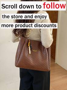 New Vintage-Style Chain-Detail Woven-Textured PU Shoulder Tote With Charms-Women's Large-Capacity Commuter Bag And Handbag - Brown - View 3