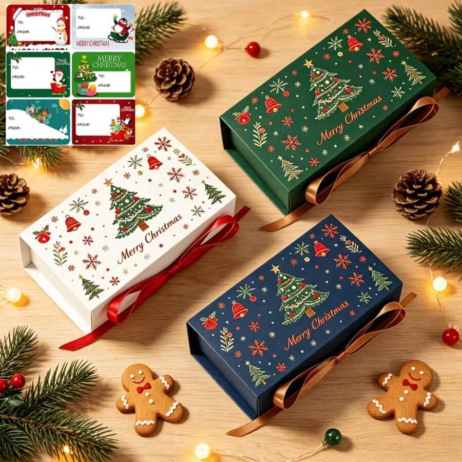 9/30/60pcs Merry Christmas Gift Boxes With Ribbon And Stickers, Xmas Tree Snowflake Printed Rectangle Present Box, Luxury Flip Top Candy Cookie Packaging Box For Holiday Chocolate Biscuit Wedding Favor - Multicolor - View 1