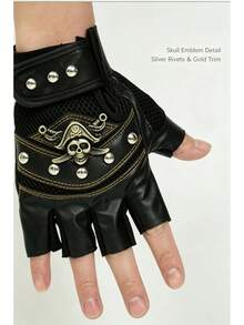 Pirate Skull Rivet Half-Finger Leather Gloves Unisex Couple Outdoor Gear Suitable For Hiking Cycling Driving Autumn Winter Sports Street Gathering Mot - Pirate Black - View 4