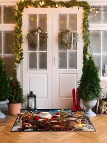 1Pc 15.75x23.62in /19.69x31.5in Feature Santa Claus Sleigh Snowy Town Scene Floor MatEuropean Style Design Accent With Reindee Snowman Suitable For Use In Entryway Kitchen Balcony Bedroom Other Areas To Add Festive Winter Touch To Your Home Decor - Multicolor - View 1