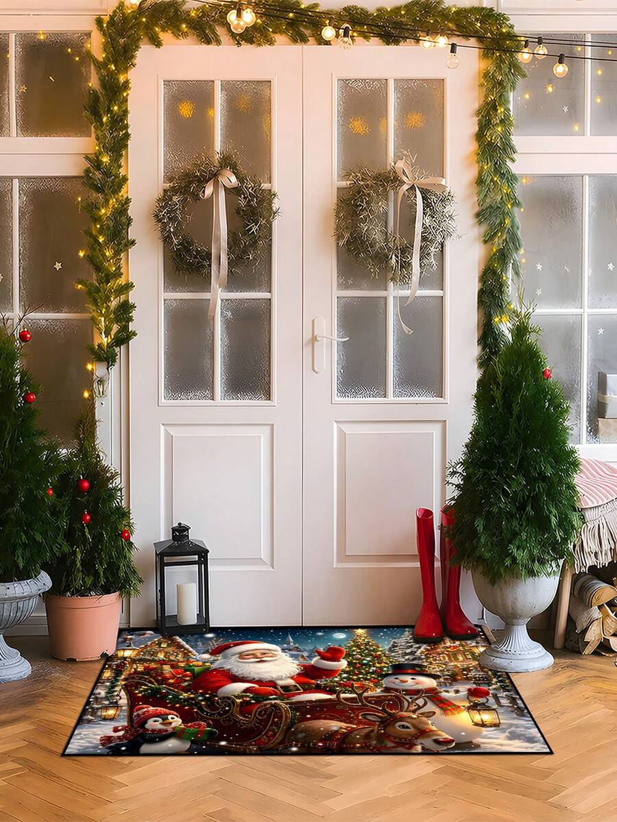 1Pc 15.75x23.62in /19.69x31.5in Feature Santa Claus Sleigh Snowy Town Scene Floor MatEuropean Style Design Accent With Reindee Snowman Suitable For Use In Entryway Kitchen Balcony Bedroom Other Areas To Add Festive Winter Touch To Your Home Decor - Multicolor - View 1