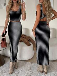 JTI Women's Striped Yarn-Dyed Contrast Square-Neck Sleeveless Cross-Back Maxi Bodycon Dress, Elegant Fall/Winter Office Layering - Black and White - View 1