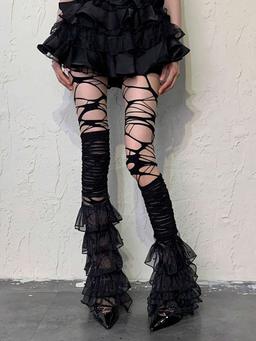 Celana Ketat Wanita Sobek dengan Potongan, Celana Ketat Transparan Hitam Bertekstur untuk Gaya Punk Y2K, Gothic & Streetwear - MultiWarna - View 1