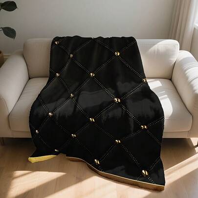 1 Elegant Black And Gold Quilted Flannel Blanket - Ultra-Soft, Plush Polyester, Vintage Style, Perfect For Sofas, Beds, Or As A Gift For Couples And New Homeowners, Comfortable Home Decor, Luxurious
