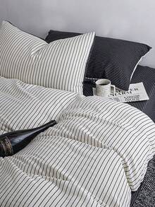Minimalist Bedding Set (1*Duvet Cover+1*Bed Sheet+1/2*Pillowcase, No Filling) Black And White Line Pattern, Black And White Striped Print, 100% Polyester, Perfect For Home Bedroom Hotel Decoration, Suitable For All Seasons - Black and White - View 7