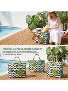 Pomelo Best 35L Polyester Large Beach Bag Solid Black Tropical Wavy Floral Flip Flop Print 9 Compartments Waterproof Sandproof Travel Shoulder Handbag - Multicolor - View 6