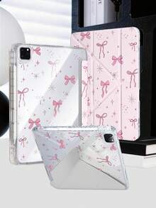 1件 粉色蝴蝶結星星愛心平板保護殼，適用於 iPad Mini6/7/Air/Air2/9.7/10.2/10.5/10.9 (Air4-Air8)/Pro 11/10th Gen/A16/Pro 11 2024，雙面彩繪圖案，透明壓克力背殼，絲綢質感 8 折支架，自動休眠/喚醒，內置筆槽，不含筆，部分機型附相機框 - 彩色 - 查看 8
