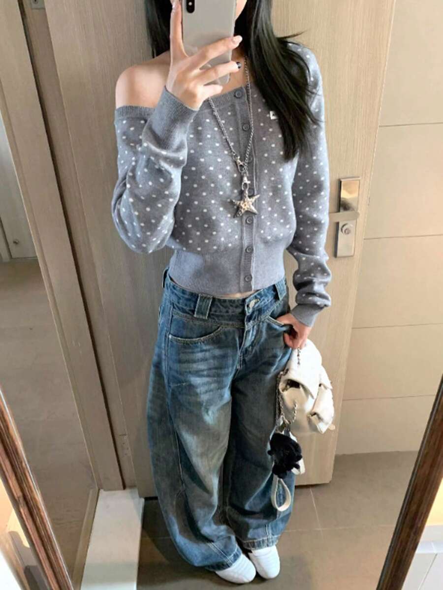 Polka Dot Knit Cardigan Women Spring Autumn New Asymmetrical Neck Slim Fit Sweater Slimming Long Sleeve Design Niche Asymmetrical Top - Grey - View 1