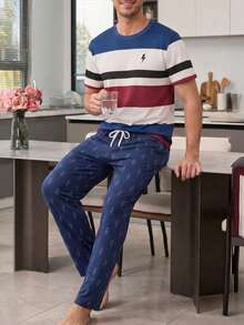 Men's Pajama Set, Contrast Stripe Short Sleeve + Lightning Print Long Pants, 2 Pieces Loungewear - Multicolor - View 4