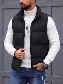 Men's Stand Collar Sleeveless Vest Jacket, Winter Warm Slim Fit Unisex Couple Style Daily Versatile Minimalist Vest Jacket - Black - View 3