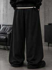 HEYKESON Men's Personalized Print Twisted Rope Tassel Drawstring Wide Leg Sweatpants - Black - View 3