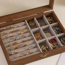 Caja de joyas con tapa transparente, caja de almacenamiento de pendientes 2 en 1, organizador de joyas de madera de nogal, forro de terciopelo, adecuada para exhibición en el hogar - Multicolor - Ver 10