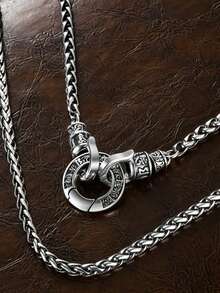 1pc Round Universal Buckle Six-Word Mantra Necklace, Vintage Tang Grass Pattern Versatile Dragon Bone Chain, Hypoallergenic Gift For Teenagers - Antique Silver - View 1