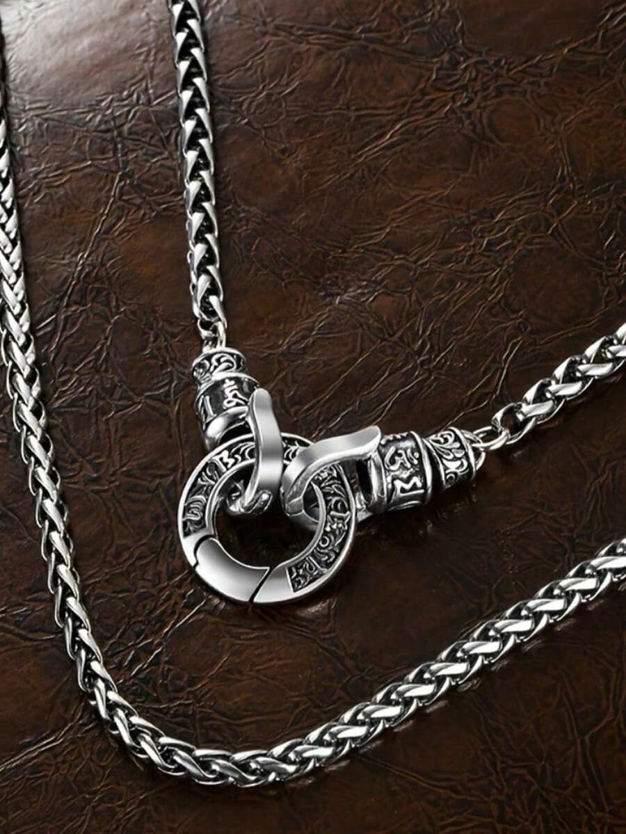 1pc Round Universal Buckle Six-Word Mantra Necklace, Vintage Tang Grass Pattern Versatile Dragon Bone Chain, Hypoallergenic Gift For Teenagers - Antique Silver - View 1