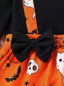 Girls' Halloween Skeleton Ghost Pumpkin Spider All-Over Print Patchwork Ribbed Long Sleeve Round Neck Dress, Suitable For Vacation, Party, Outdoor, Spring And Autumn - Black - View 5