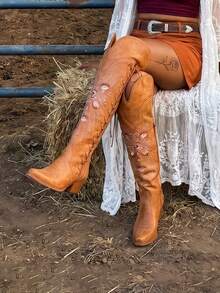 Cowgirl Boots For Women Knee High Boots Embroider Chunky Heel Pointed Toe Western Cowboy Boots With Side Zipper Comfy Outfit Fall Shoes For Women - 亮橙色 - 查看 8