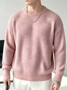 Lightweight Casual Textured Knit Oversized Unisex Sweater, Minimalist Design, Loose Fit Crew Neck Pullover, Suitable For Autumn/Winter - Pink - View 1